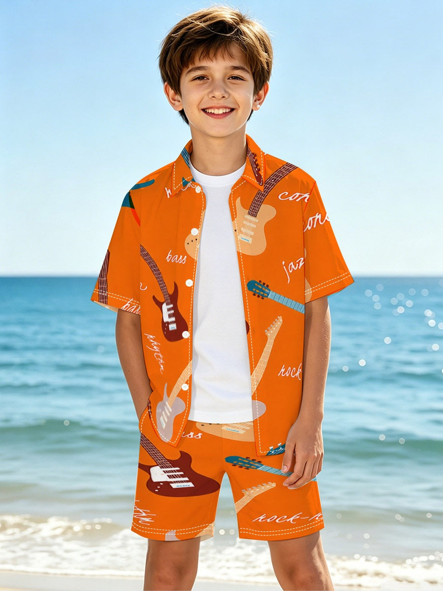 Boys' All-Over Print Cuban-Collar Shirt & Shorts Set | 120 GSM — product view