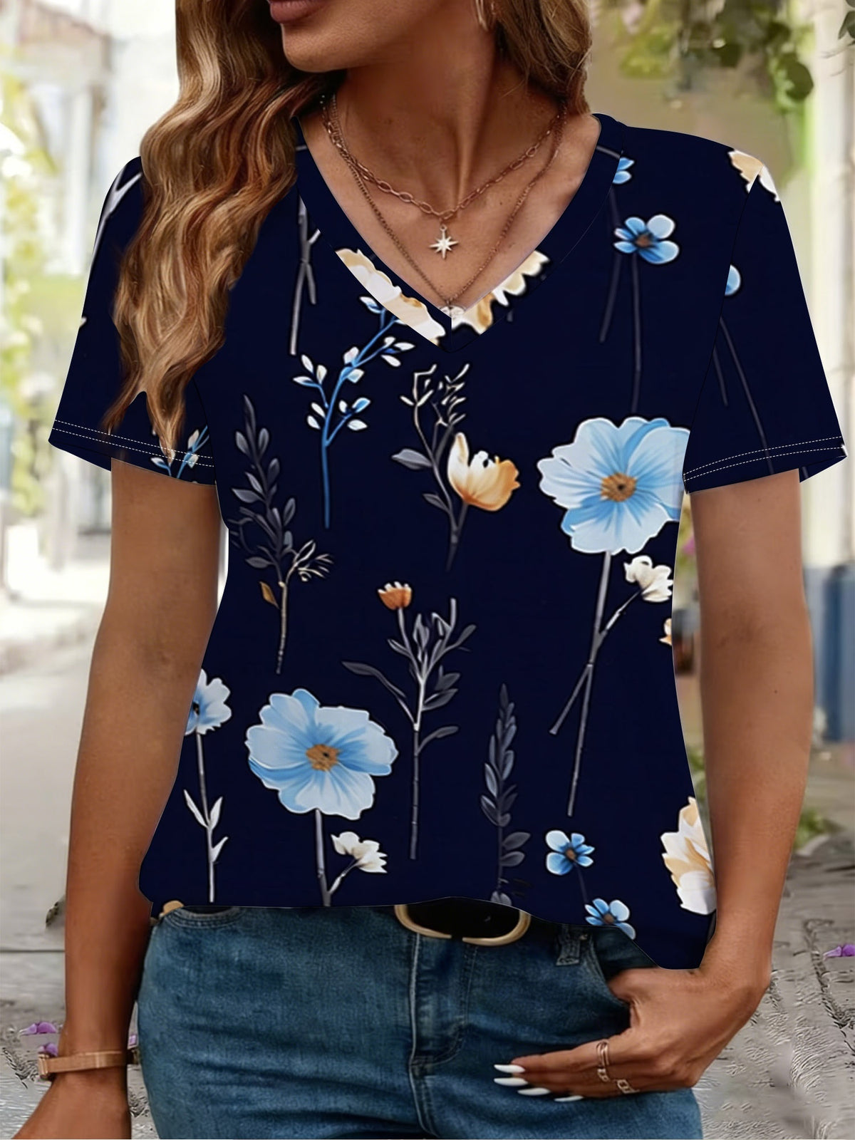 Women's All-Over Print Mesh V-Neck T-Shirt | 140 GSM — product view