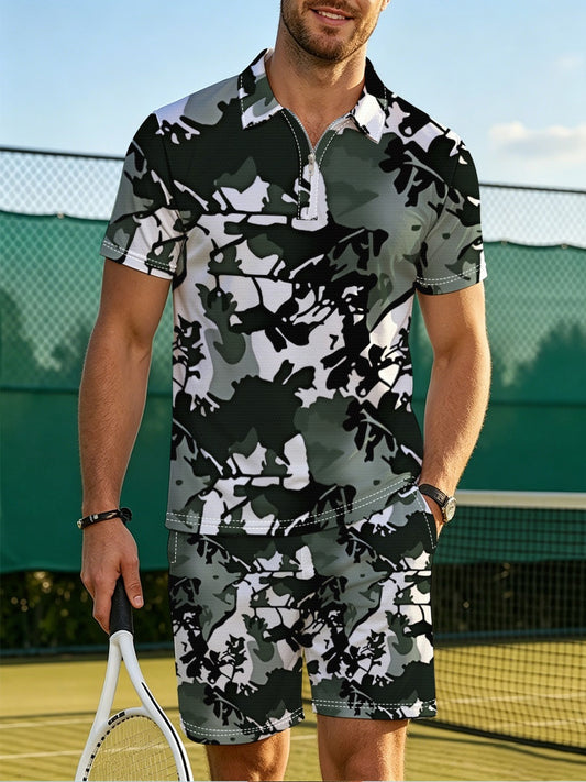 Men's Plus-Size All-Over Print Zip Polo & Shorts Set — product view